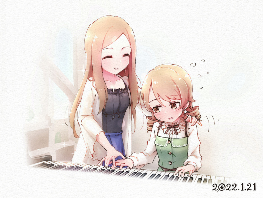 2girls arm_around_neck azmad blue_skirt blush brown_eyes brown_hair closed_eyes dated drill_hair flying_sweatdrops hand_on_another's_shoulder idolmaster idolmaster_cinderella_girls instrument long_sleeves matsuyama_kumiko morikubo_nono multiple_girls music piano playing_instrument skirt sparkle sweatdrop wide_sleeves