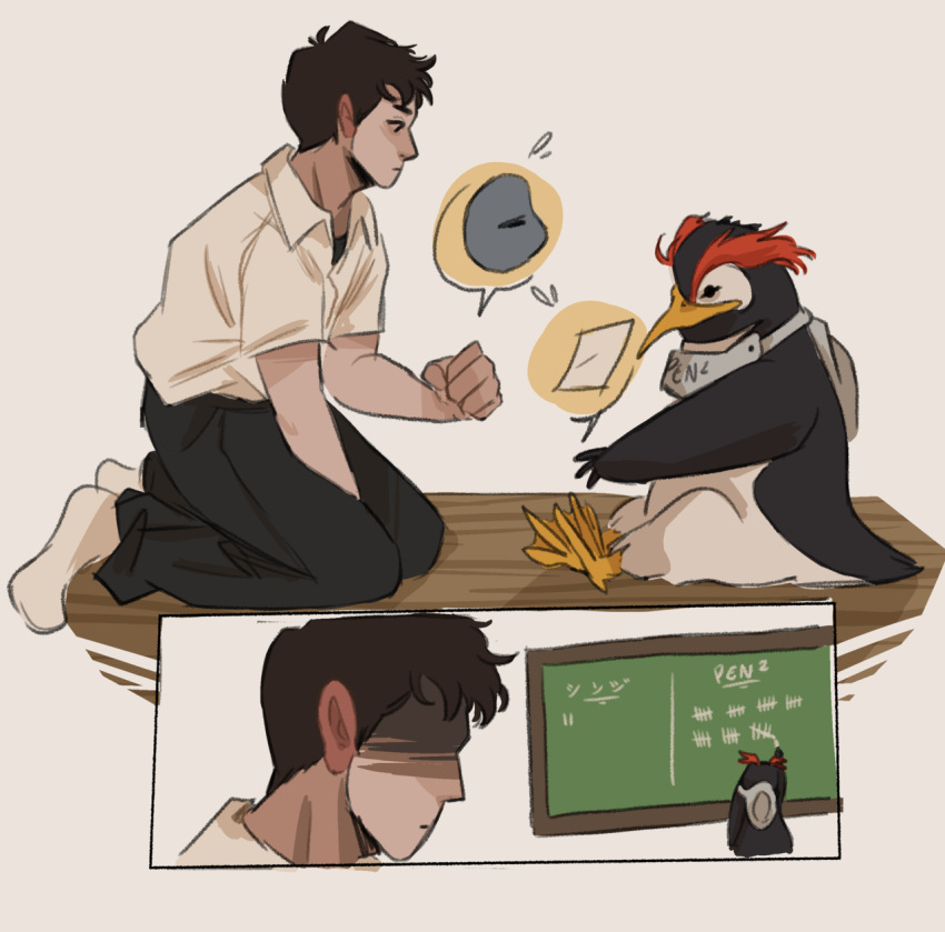 avian bird chalkboard clothing duo hi_res human male mammal neon_genesis_evangelion paper pen_pen_(evangelion) penguin rock rock_paper_scissors school_uniform shinji_ikari skyberia tokyo-3_middle_school_uniform uniform