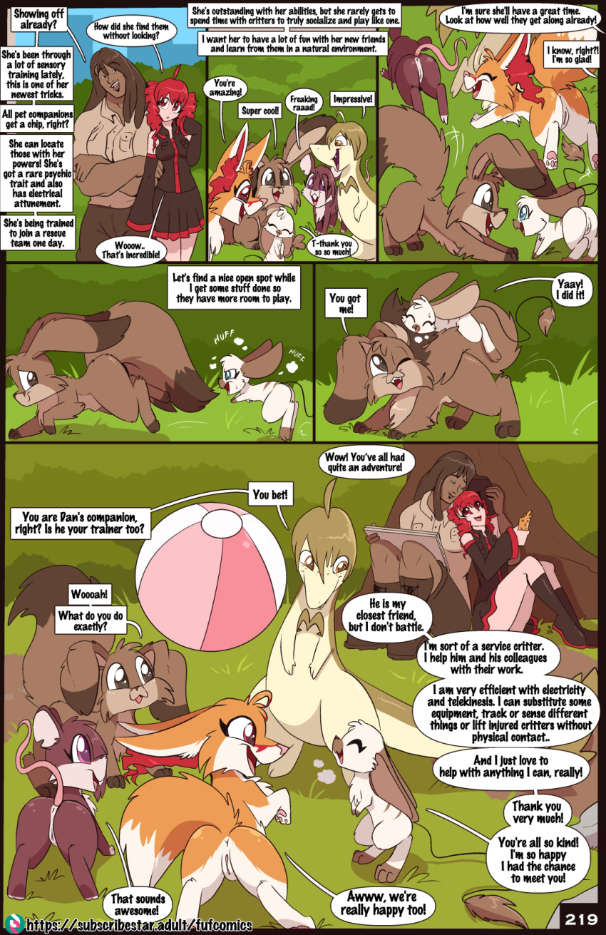2022 amber_(fuf) anus ball beach_ball black_nose breasts breath brown_body brown_fur brown_hair canid canine clothed clothing comic dan_(fuf) dialogue dipstick_tail elliot_(fuf) english_text eyes_closed female fennec feral fox fuf fur generation_1_pokemon generation_5_pokemon genitals group hair hi_res human inflatable kyra_(fuf) liam_(fuf) male mammal markings murid murine nintendo open_mouth panting pawpads pink_nose pink_pawpads pokemon pokemon_(species) pussy rattata red_hair reptile rita_(fuf) rodent scalie servine tail_markings tesla_(fuf) text video_games white_body white_fur