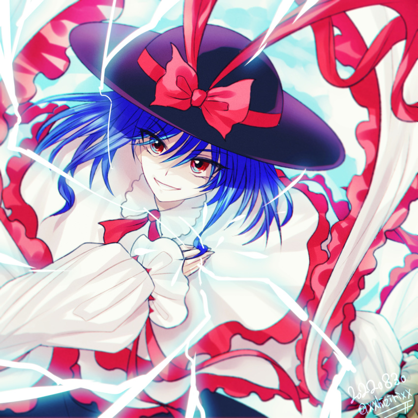 1girl black_headwear black_skirt blue_hair capelet dated electricity frilled_capelet frills hagoromo hair_between_eyes hat hat_ribbon highres hijiri_(xxhizirixx) long_sleeves nagae_iku one-hour_drawing_challenge open_mouth red_eyes red_ribbon ribbon shawl shirt short_hair skirt smile solo touhou twitter_username upper_body white_capelet white_shirt