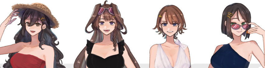 4girls a-maru_(aaa_circle0110) alternate_costume alternate_hairstyle bangs bare_shoulders black_hair blue_eyes braid breasts brown_eyes brown_hair cleavage commentary_request eyewear_on_head green_eyes hair_ornament hairclip haruna_(kancolle) hat hiei_(kancolle) highres kantai_collection kirishima_(kancolle) kongou_(kancolle) large_breasts long_hair looking_at_viewer multiple_girls nail_polish one-piece_swimsuit open_mouth orange_nails purple_eyes short_hair side_braid simple_background strapless strapless_swimsuit straw_hat sunglasses swimsuit upper_body white_background