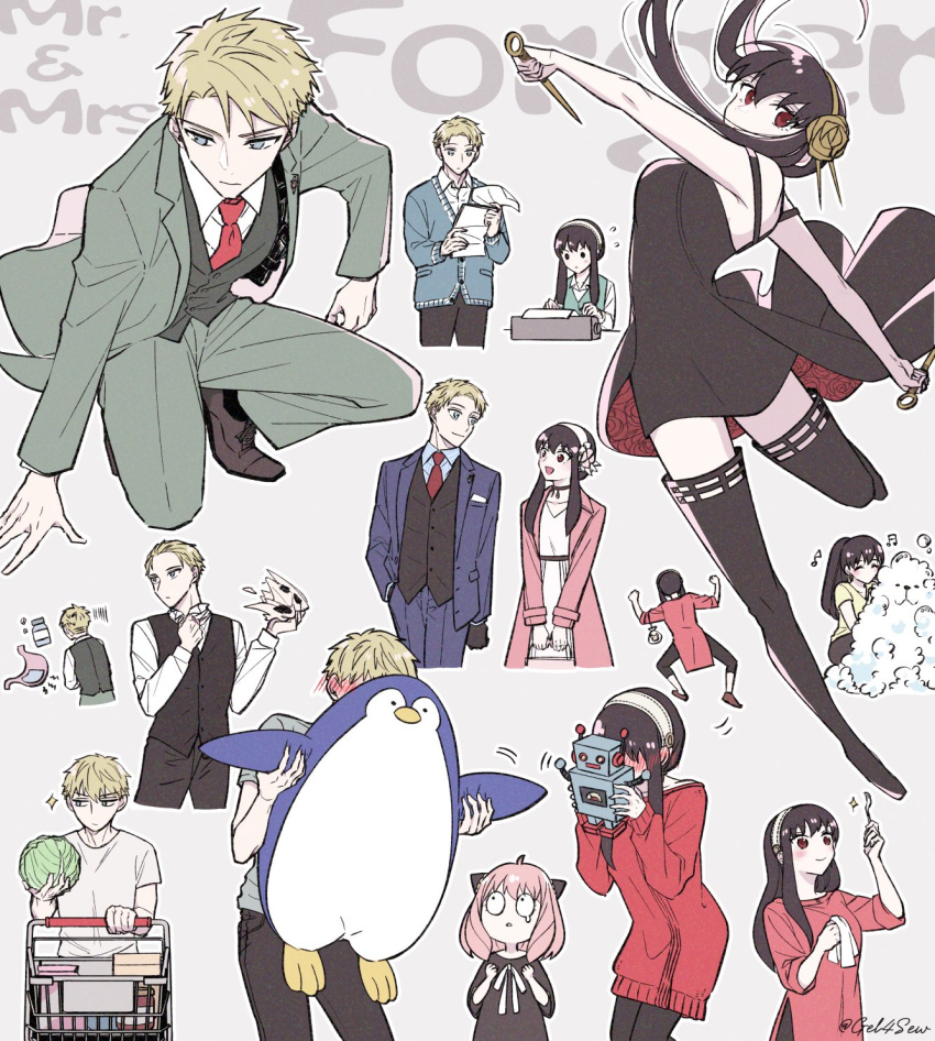 1boy 2girls anya_(spy_x_family) bangs black_dress black_hair blonde_hair blue_eyes blush bond_(spy_x_family) boots cabbage cardigan child choker closed_mouth dagger dog dress female_child hairpods highres knife long_hair medium_hair multiple_girls necktie open_mouth pants pink_hair red_eyes shirt short_dress sidelocks sleeveless sleeveless_dress spy_x_family stiletto_(weapon) stuffed_animal stuffed_penguin stuffed_toy t-shirt thigh_boots toy_robot twilight_(spy_x_family) vest weapon yor_briar yu_(gel4sew)