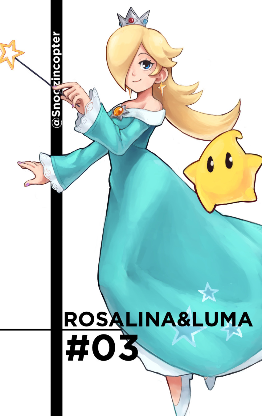 1girl 1other blonde_hair blue_dress blue_eyes character_name cross cross_earrings crown dress earrings highres jewelry long_dress long_sleeves luma_(mario) mario_(series) off-shoulder_dress off_shoulder rosalina smile snoozincopter star_(symbol) super_mario_galaxy wand