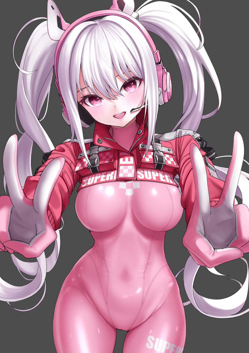 1girl :d alice_(nikke) animal_ear_headphones animal_ears bangs bodysuit breasts clothes_writing commentary_request covered_navel cowboy_shot cropped_jacket defaultkavy double_v fake_animal_ears gloves goddess_of_victory:_nikke grey_background hair_between_eyes head_tilt headphones headset highres impossible_bodysuit impossible_clothes jacket latex latex_bodysuit long_hair long_sleeves looking_at_viewer medium_breasts multicolored_clothes multicolored_gloves open_mouth pink_bodysuit pink_eyes pink_gloves pink_headphones pink_jacket shrug_(clothing) sidelocks simple_background skin_tight smile solo teeth twintails two-tone_gloves upper_teeth v white_gloves white_hair
