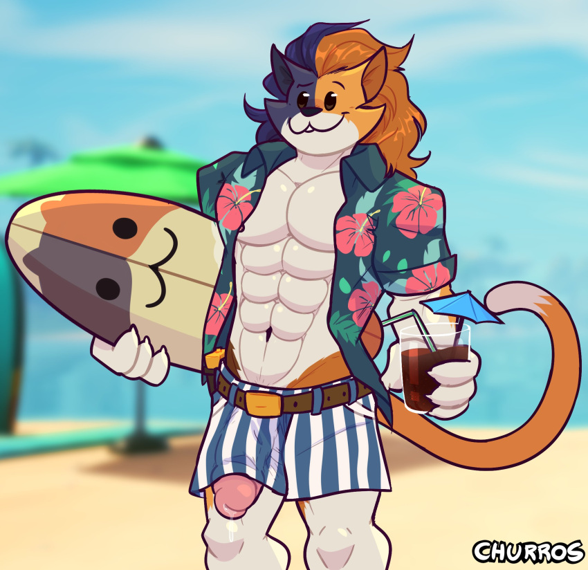 2022 :3 abs aloha_shirt anthro beach belt beverage biceps black_body black_fur bodily_fluids bottomwear bulge calico_cat churrosolixoso clothed clothing day digital_media_(artwork) domestic_cat epic_games eyebrows felid feline felis fortnite fur genital_fluids genitals hair hi_res holding_beverage holding_object humanoid_genitalia humanoid_penis male mammal meowscles mottled muscular muscular_anthro muscular_male navel nipples open_clothing open_shirt open_topwear orange_body orange_fur outside pattern_clothing pattern_shirt pattern_topwear pecs penis penis_through_leghole piebald poking_out portrait precum sand seaside shirt shorts sky smile solo surfboard teeth three-quarter_portrait topwear video_games white_body white_fur