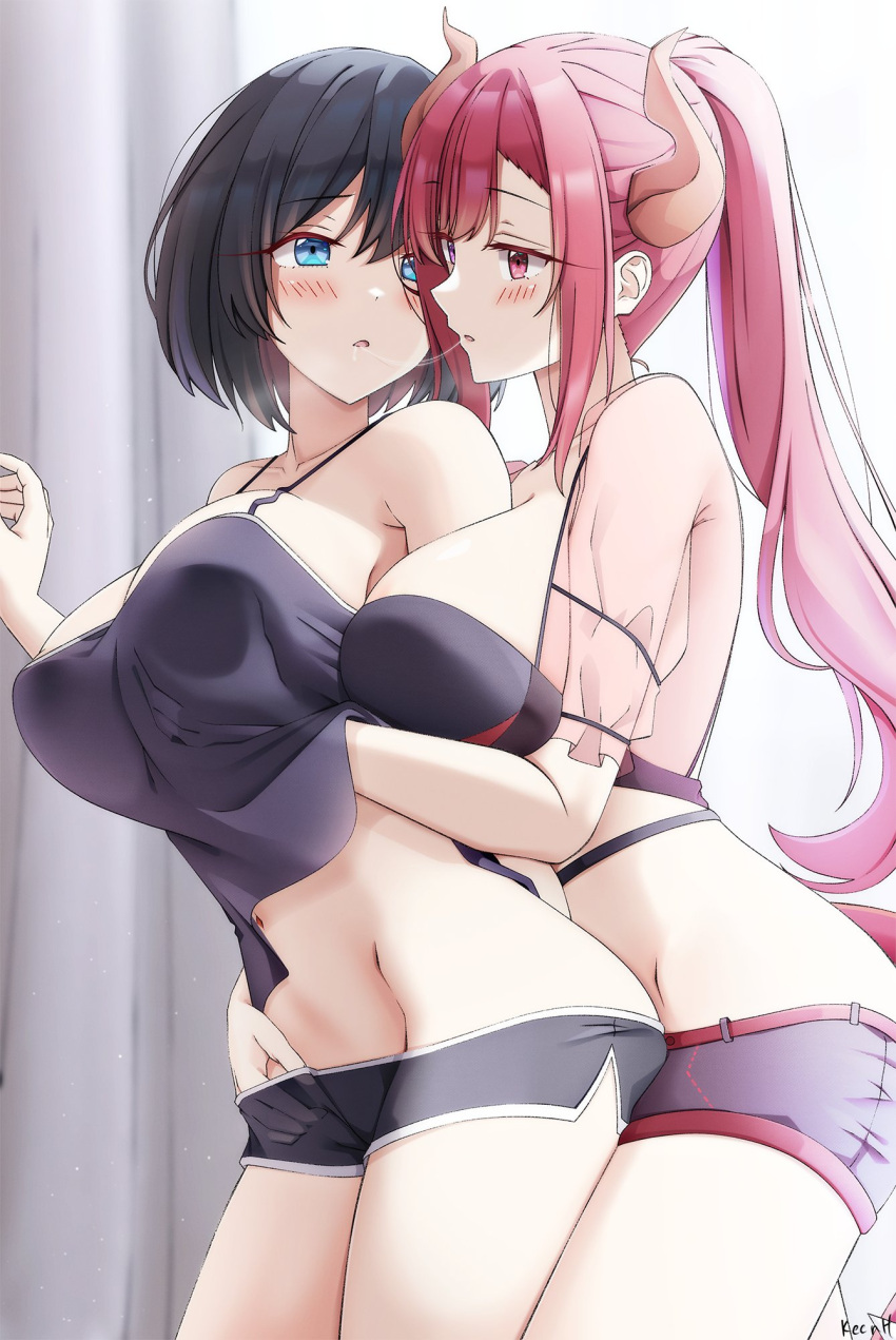 2girls areola_slip arm_between_breasts bare_shoulders between_breasts black_hair blue_eyes blush breast_grab breast_press breasts camisole cleavage collarbone cowboy_shot crop_top from_side grabbing grabbing_from_behind highres horns indoors keenh large_breasts midriff multiple_girls navel original pink_eyes pink_hair ponytail short_shorts shorts sidelocks yuri