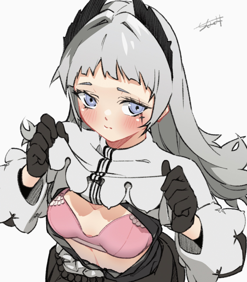 1girl :s animated animated_gif arknights black_gloves black_jacket blinking blue_eyes blush bra breasts capelet capelet_lift closed_mouth clothes_lift dress embarrassed gloves grey_capelet grey_hair head_wings highres irene_(arknights) jacket lifted_by_self long_hair long_sleeves looking_at_viewer open_clothes open_dress pink_bra scar scar_across_eye scar_on_face seto_tinami signature small_breasts solo underwear upper_body