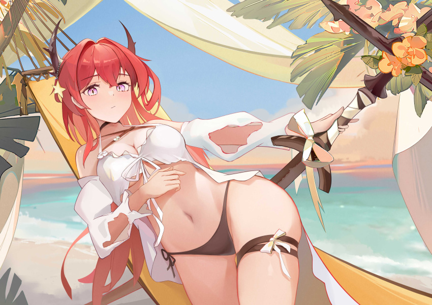 1girl absurdres arknights beach bikini black_bikini black_choker blush breasts choker cleavage closed_mouth commentary cowboy_shot day demon_horns detached_sleeves expressionless hair_intakes hair_ornament hammock highres horns long_hair looking_at_viewer medium_breasts navel ocean official_alternate_costume outdoors purple_eyes red_hair side-tie_bikini_bottom slit_pupils solo star_(symbol) star_hair_ornament stomach surtr_(arknights) surtr_(colorful_wonderland)_(arknights) swimsuit sword thigh_strap weapon white_bikini ykuu_yousei