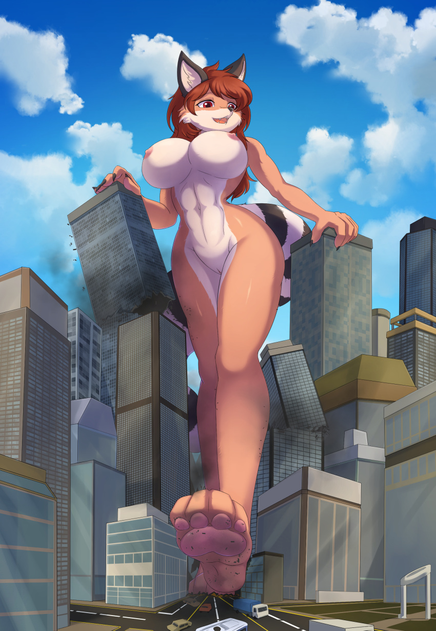 2022 4_toes 5_fingers absurd_res anthro areola breasts building building_destruction canid canine car city cloud crush debris destruction digital_media_(artwork) feet female fingers fox genitals hi_res intersection macro mammal nipples pawpads paws plantigrade public public_exposure pussy road sky skyscraper soles solo son2j stomping street toes truck truck_(vehicle) vehicle vehicles