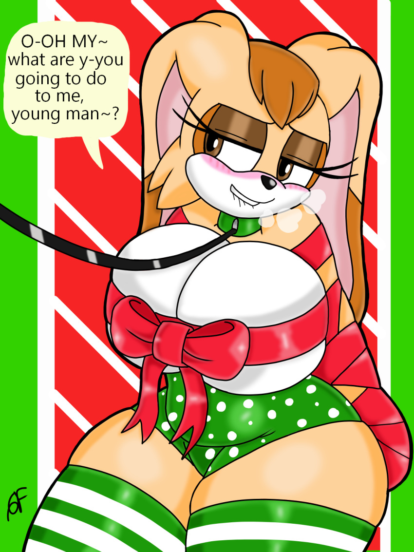 3:4 anthro arms_tied big_breasts bite biting_lip blush bomba_world12 bound breasts christmas christmas_clothing clothing female footwear hi_res holidays lagomorph leash_and_collar legwear leporid mammal mature_female rabbit sega slightly_chubby socks solo sonic_the_hedgehog_(series) tan_body thick_thighs thigh_highs thigh_socks vanilla_the_rabbit wrapped_up wrappings