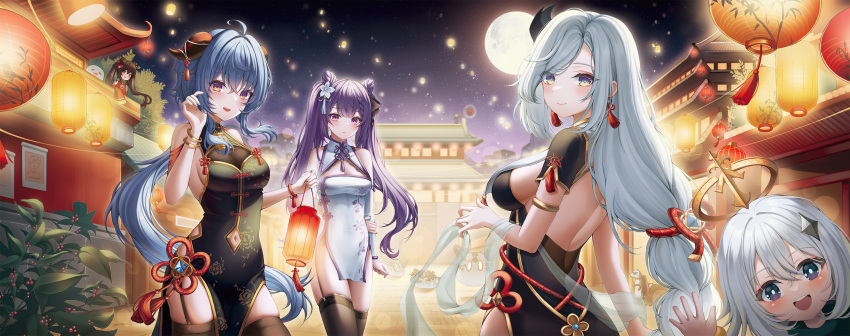 5girls :d ahoge alternate_costume architecture arm_at_side arm_behind_back armlet bangle bangs bare_back bare_shoulders black_dress black_garter_belt black_ribbon black_thighhighs blue_eyes blue_hair boo_tao_(genshin_impact) bracelet braid braided_ponytail breasts bright_pupils brown_hair building china_dress chinese_clothes cleavage_cutout clothing_cutout cone_hair_bun cowboy_shot detached_sleeves double_bun dress earrings east_asian_architecture flower flower-shaped_pupils flower_knot from_side full_moon ganyu_(genshin_impact) genshin_impact goat_horns gold_trim gradient_eyes hair_bun hair_flower hair_ornament hair_ribbon hand_up highres holding holding_lantern holding_own_arm horn_ornament horns hu_tao_(genshin_impact) jewelry keqing_(genshin_impact) lace-trimmed_legwear lace_trim lantern lantern_festival large_breasts leaf long_hair long_sleeves looking_at_viewer moon multicolored_eyes multiple_girls navel_cutout night night_sky open_mouth outdoors paimon_(genshin_impact) paper_lantern parted_lips pelvic_curtain plant purple_eyes purple_hair purple_trim red_eyes ribbon see-through shenhe_(genshin_impact) short_dress short_sleeves side_cutout sideboob sidelocks single_braid sky sky_lantern sleeveless sleeveless_dress slime_(genshin_impact) smile star_(sky) starry_sky swept_bangs symbol-shaped_pupils tassel tassel_earrings taut_clothes taut_dress teeth thighhighs thighs tree twintails upper_body upper_teeth vision_(genshin_impact) waving white_dress white_flower white_hair white_pupils white_sleeves wol_(wol_927)