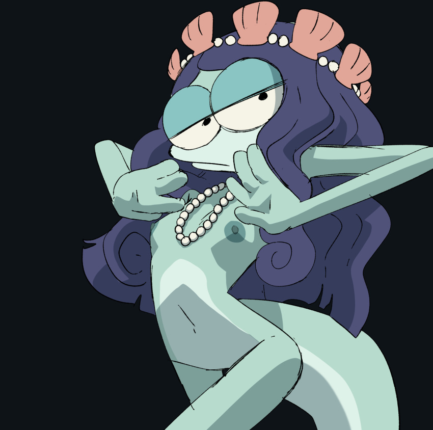 2022 amphibia_(series) amphibian anthro black_background breasts disney female gem green_body green_skin hi_res inker_comics jewelry lady_olivia necklace newt nipples nude pearl_(gem) pearl_necklace pose salamander_(amphibian) simple_background small_breasts solo