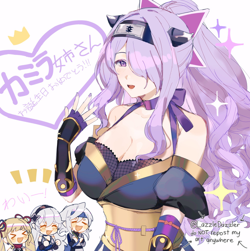 &gt;_&lt; 1boy 3girls absurdres alternate_hairstyle bare_shoulders blonde_hair breasts camilla_(fire_emblem) chibi choker cleavage corrin_(fire_emblem) corrin_(fire_emblem)_(female) corrin_(fire_emblem)_(male) covering_mouth drill_hair elise_(fire_emblem) fingerless_gloves fire_emblem fire_emblem_fates fire_emblem_heroes fishnet_top fishnets gloves hair_tie hairband hand_over_own_mouth highres large_breasts long_hair looking_at_viewer multiple_girls ninja official_alternate_costume official_alternate_hairstyle open_hand open_mouth pomme_(lazzledazzle) ponytail purple_choker purple_eyes purple_gloves purple_hair purple_nails purple_ribbon purple_rope ribbon ribbon_choker rope shimenawa shuriken_hair_ornament sidelocks solo_focus stole twin_drills twintails upper_body white_hair