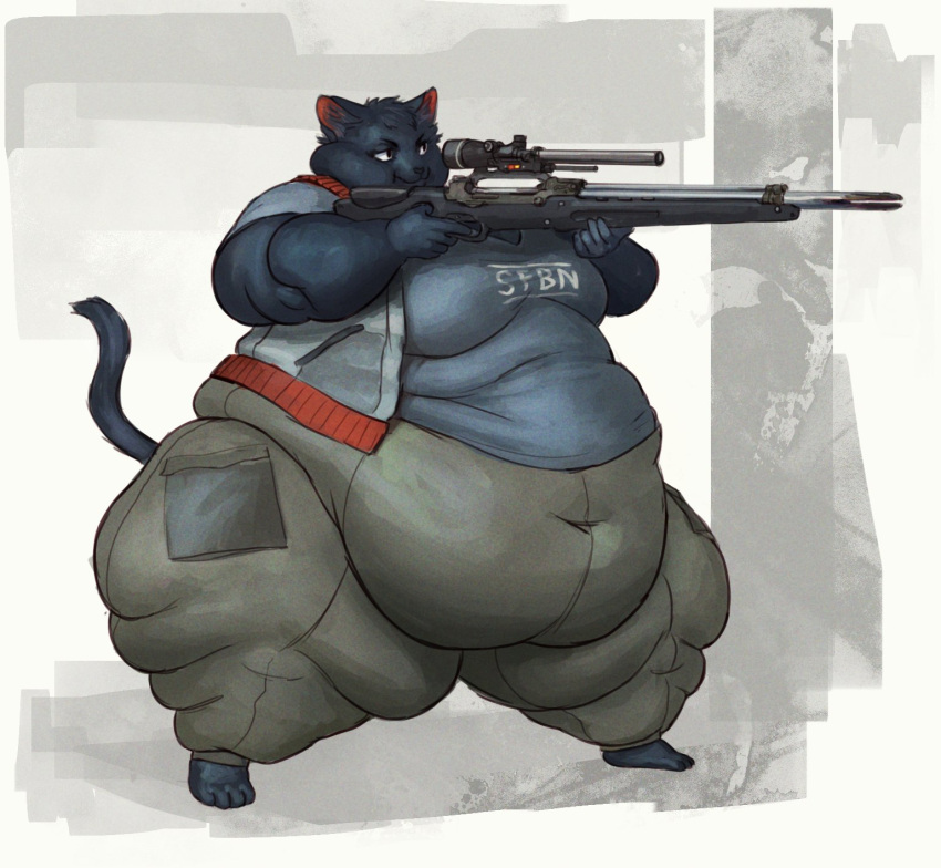 2021 aiming anthro barefoot belly big_belly bottomwear cettus clothing domestic_cat fat_rolls feet felid feline felis female gun hi_res holding_object holding_weapon laser_gun mammal morbidly_obese morbidly_obese_anthro morbidly_obese_female obese obese_anthro obese_female overweight overweight_anthro overweight_female pants ranged_weapon rifle sarka_svobodova science_fiction shirt simple_background sniper_rifle solo standing topwear vest weapon