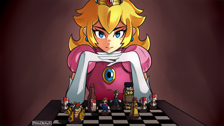 1girl absurdres actor_connection anya_taylor-joy artist_name bangs blonde_hair bottle bowser chessboard commentary dress earrings fire_flower gloves hair_behind_ear highres jewelry long_hair looking_at_viewer luigi mag_(magdraws) mario mario_(series) mushroom parody pink_dress princess_daisy princess_peach revision solo starman_(mario) straight-on the_queen's_gambit the_super_mario_bros._movie toad_(mario) voice_actor_connection white_gloves