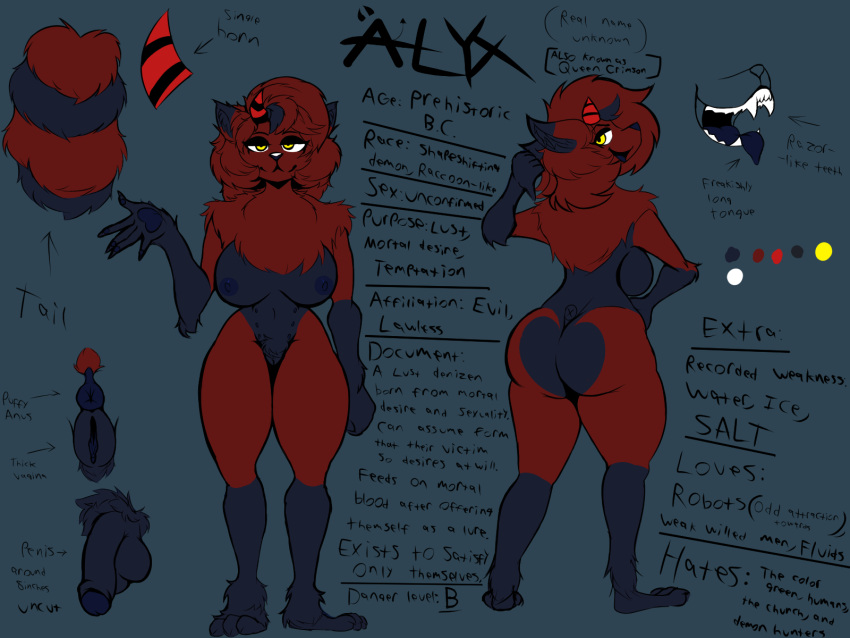 alex_mayhem anthro blue_body blue_fur blue_genitals butt demon feet female fluffy fluffy_tail fur hair hi_res horn infernaltanuki mammal messy_hair model_sheet nude pose procyonid pubes raccoon red_body red_fur solo standing toes yellow_eyes