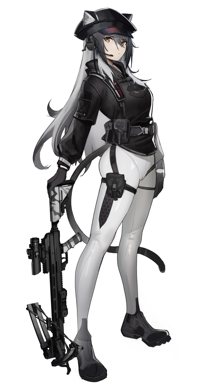 1girl absurdres animal_ears arknights belt black_footwear black_gloves black_headwear black_jacket bowgun breasts brown_eyes cabbie_hat cameltoe cat_ears cat_girl cat_tail closed_mouth commentary distr earpiece ears_through_headwear english_commentary expressionless full_body gloves grey_hair hair_between_eyes hat highres jacket long_hair long_sleeves looking_at_viewer medium_breasts official_alternate_costume pants schwarz_(arknights) schwarz_(skyline)_(arknights) shoes simple_background solo standing strap tactical_clothes tail thigh_pouch thigh_strap tight tight_pants white_background white_pants