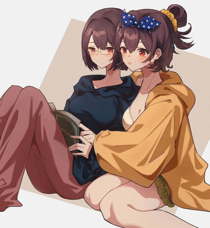 2girls alternate_costume bangs bespectacled blush book breasts brown_hair cleavage closed_mouth delta_(063k1z5shio) glasses hair_ornament hair_scrunchie hairband highres holding holding_book hood hoodie hyuuga_(kancolle) ise_(kancolle) kantai_collection long_sleeves multiple_girls pajamas pants parted_lips polka_dot polka_dot_background polka_dot_hairband ponytail red_eyes scrunchie short_hair simple_background sitting skirt
