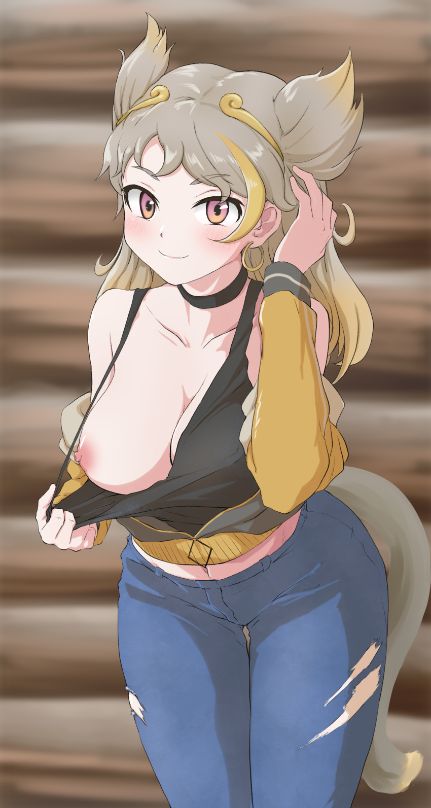 1girl absurdres black_camisole black_choker blonde_hair blush breasts camisole choker closed_mouth clothes_pull collarbone denim earrings flashing grey_hair hand_up highres hoop_earrings jacket jeans jewelry kemono_friends kyonin_dofu large_breasts leaning_forward long_hair long_sleeves looking_at_viewer midriff monkey_tail multicolored_eyes multicolored_hair navel nipples no_bra off_shoulder pants partially_unzipped pulled_by_self red_eyes shiny shiny_hair smile solo son_goku_(kemono_friends) stomach streaked_hair tail thigh_gap torn_clothes torn_jeans torn_pants two-tone_hair wooden_wall yellow_eyes zipper