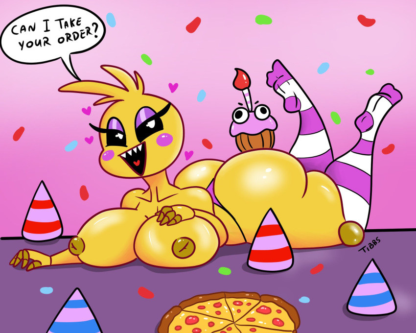animatronic anthro areola avian beakless big_breasts big_butt bird black_sclera blush blush_stickers breasts brown_areola butt chicken clothed clothing cupcake cupcake_(fnaf) english_text female five_nights_at_freddy's five_nights_at_freddy's_2 food footwear galliform gallus_(genus) half-closed_eyes hat headgear headwear hi_res huge_breasts huge_butt inverted_nipples knee_highs knee_socks legwear looking_at_viewer lying machine narrowed_eyes nipples non-mammal_breasts on_front open_mouth party_hat phasianid pizza question_mark robot scottgames socks solo speech_bubble text thick_thighs thong tibbs topless toy_chica_(fnaf) underwear video_games white_eyes yellow_body