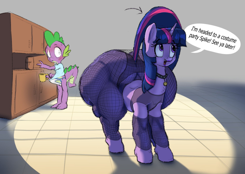 anthro clothing dragon equid equine female feral fishnet fishnet_legwear friendship_is_magic genitals hasbro hi_res horn legwear male mammal my_little_pony panties parumpi penis spike_(mlp) tenting thick_thighs twilight_sparkle_(mlp) underwear unicorn