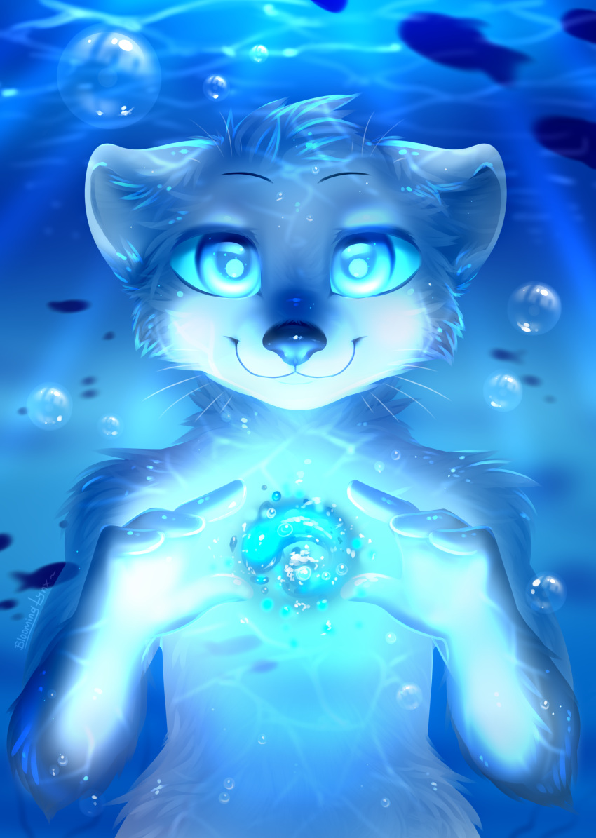 absurd_res ambient_fish ambient_sealife ambiguous_gender anthro black_nose bloominglynx blue_eyes blue_sclera cheek_tuft closed_smile elemental_manipulation facial_tuft feral fish front_view fur glistening glistening_nose glowing grey_body grey_fur group head_tuft hi_res looking_at_viewer lutrine mammal marine mouth_closed mustelid neck_tuft nude shoulder_tuft signature solo_focus tuft underwater water water_manipulation white_body white_fur