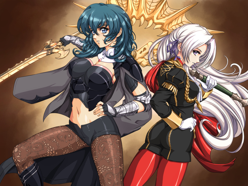 2girls ass axe aymr_(fire_emblem) bangs black_gloves black_shirt black_shorts blue_eyes blue_hair breasts brown_background brown_pantyhose byleth_(fire_emblem) byleth_(fire_emblem)_(female) cleavage commentary commission crop_top edelgard_von_hresvelg fingerless_gloves fire_emblem fire_emblem:_three_houses gloves high-waist_shorts highres holding holding_axe holding_sword holding_weapon juliet_sleeves large_breasts long_hair long_sleeves looking_at_viewer midriff multiple_girls navel panties pantyhose parted_lips puffy_sleeves purple_eyes red_panties shirt short_shorts shorts sirknightbot stomach sword sword_of_the_creator thighs underwear vambraces weapon white_hair