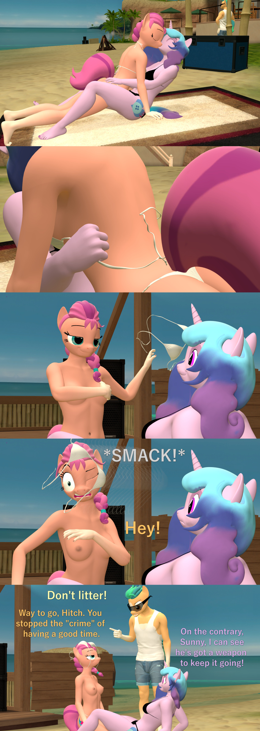 3d_(artwork) absurd_res anthro anthrofied beach bedroom_eyes bikini bikini_thong breasts butt clothing digital_media_(artwork) english_text equid equine female female/female group hasbro hi_res hitch_trailblazer_(mlp) horn izzy_moonbow_(mlp) kissing male mammal mlp_g5 my_little_pony narrowed_eyes nipples papadragon69 seaside seductive sunny_starscout_(mlp) swimwear text trio undressing unicorn