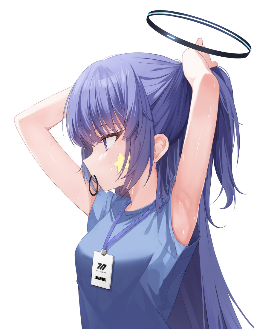 1girl absurdres arms_up bangs blue_archive blue_eyes blue_shirt blush breasts closed_mouth commentary_request facial_mark hair_tie hair_tie_in_mouth halo highres lanyard lisu long_hair looking_away medium_breasts mouth_hold ponytail profile purple_hair shirt short_sleeves simple_background solo star_(symbol) sweat tying_hair upper_body very_long_hair white_background yuuka_(blue_archive) yuuka_(gym_uniform)_(blue_archive)