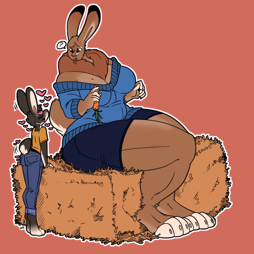 &lt;3 &lt;3_eyes 2019 3_toes 5_fingers asianpie bare_shoulders barefoot black_body black_fur blue_clothing blue_sweater blue_topwear blush blush_lines bottomwear brown_body brown_fur butt carrot claws clothing crumbs curvy_figure denim denim_clothing dewlap_(anatomy) domestic_rabbit duo dwarf_rabbit ears_up eating eyebrows feet female finger_claws fingers flemish_giant food fur hay hay_bale head_tuft hi_res holding_carrot holding_food holding_object holding_vegetable hourglass_figure humanoid jeans lagomorph larger_female leporid male male/female mammal meme oryctolagus outline pants plant question_mark rabbit raised_eyebrow raised_tail red_background scut_tail shirt short_tail shorts shoulderless_sweater simple_background sitting size_difference smaller_male spoken_question_mark standing sweater t-shirt thick_thighs tiny_rabbit_is_obsessed_with_giant_girlfriend toe_claws toes topwear tuft vegetable white_body white_fur white_outline