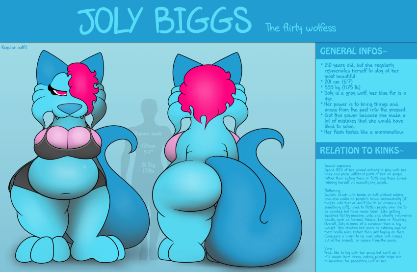 absurd_res anthro belly big_belly big_breasts big_butt blue_body bottomwear breasts breasts_squish butt canid canine canis clothing female foxball fur hair half-closed_eyes hi_res huge_butt joly_(kitty_pride) kitty_pride looking_at_viewer lying mammal model_sheet narrowed_eyes navel nude on_back rear_view red_hair simple_background smile standing text thick_thighs topwear video_games wide_hips wolf