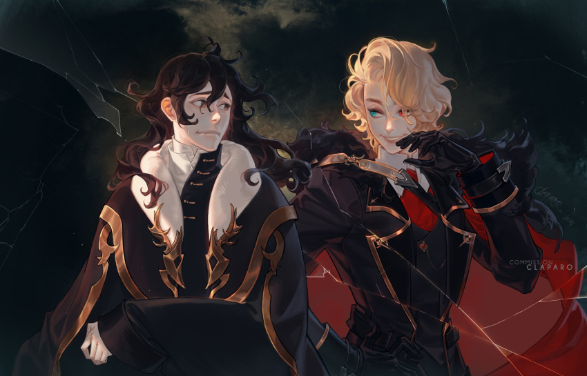 2boys artist_name black_hair blonde_hair blue_eyes brown_eyes brown_hair cape claparo commission cracked_screen dark_background dated english_commentary fur_trim grin heterochromia highres long_hair long_sleeves looking_at_another looking_to_the_side male_focus military military_uniform multiple_boys nervous_smile original red_eyes short_hair smile sweatdrop uniform upper_body