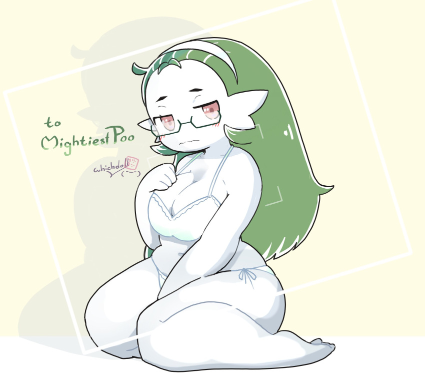 2021 accessory big_breasts blush blush_lines breasts brown_eyes cleavage clothed clothing embarrassed eyewear featureless_feet female gardevoir generation_3_pokemon glasses green_hair hair hair_accessory hairband hand_between_legs hand_on_chest hi_res humanoid kneeling long_hair looking_at_viewer mina_evaline nintendo not_furry pokemon pokemon_(species) signature simple_background slightly_chubby solo thick_thighs underwear underwear_only video_games whichdoll white_background