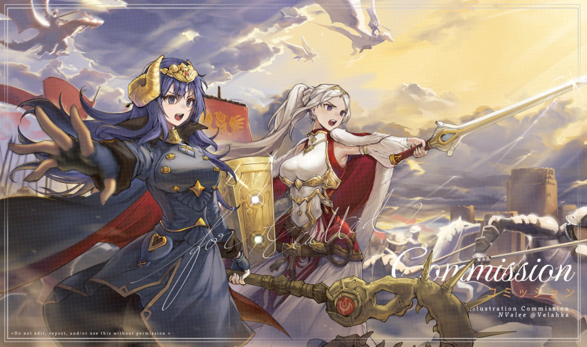 2girls army axe aymr_(fire_emblem) blue_eyes blue_hair blush breasts cape closed_mouth cosplay dress edelgard_von_hresvelg edelgard_von_hresvelg_(cosplay) falchion_(fire_emblem) fire_emblem fire_emblem:_three_houses fire_emblem_awakening fire_emblem_heroes gloves hair_ornament highres horns long_hair long_sleeves lucina_(fire_emblem) lucina_(fire_emblem)_(cosplay) multiple_girls purple_eyes red_cape side_ponytail velahka white_hair