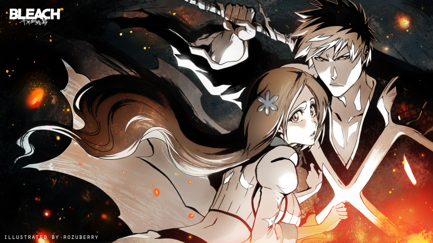 1boy 1girl bangs black_kimono bleach bleach:_the_thousand-year_blood_war breasts collarbone crop_top hair_ornament hand_up highres holding holding_sword holding_weapon inoue_orihime japanese_clothes kimono kurosaki_ichigo large_breasts long_hair long_sleeves looking_at_viewer orange_eyes orange_hair parted_bangs parted_lips rozuberry serious short_hair spiked_hair sword upper_body very_long_hair weapon