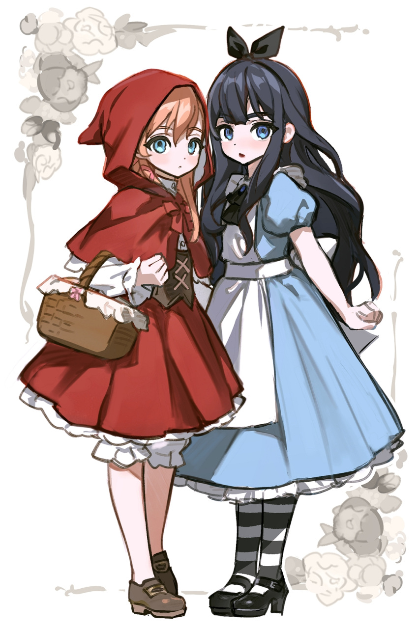 2girls alice_(alice_in_wonderland) alice_(alice_in_wonderland)_(cosplay) alternate_costume apron ascot bangs basket black_ascot black_footwear black_hair blue_dress blue_eyes blunt_bangs bow bow_hairband bowtie brown_footwear capelet chinese_commentary clenched_hand commentary_request corset cosplay dress final_fantasy final_fantasy_xiv frilled_skirt frills from_side full_body gaia_(ff14) hair_ribbon hairband highres hood hood_up hooded_capelet hyur little_red_riding_hood_(grimm) little_red_riding_hood_(grimm)_(cosplay) long_hair long_sleeves looking_at_viewer mary_janes multiple_girls orange_hair pantyhose parted_lips puffy_short_sleeves puffy_sleeves red_bow red_bowtie red_capelet red_skirt ribbon ryne shoes short_sleeves side-by-side simple_background skirt standing striped striped_pantyhose waist_bow wavy_hair white_apron white_background wuliu_heihuo