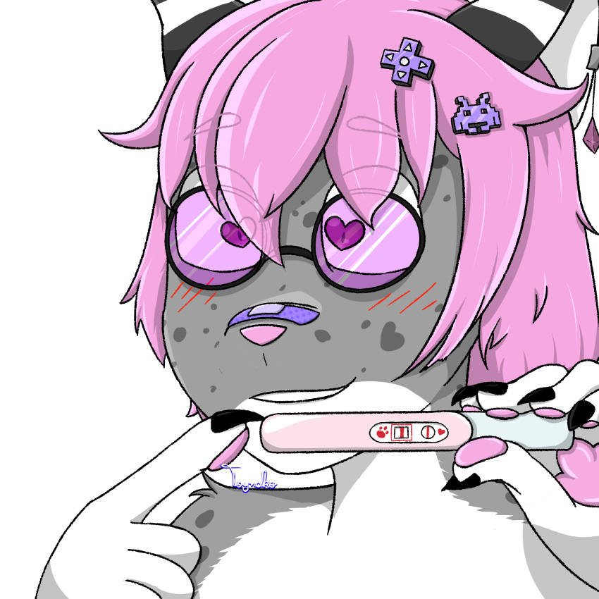 &lt;3 &lt;3_eyes 1:1 absurd_res accessory alpha_channel anthro band-aid bandage bandaid_on_face black_claws blush blush_lines cel_shading claws claws_out domestic_cat ear_piercing eyewear felid feline felis female fur fynnley_(character) gesture glasses grey_body grey_fur hair hair_accessory hairpin heart_(marking) hi_res holding_object holding_pregnancy_test mammal mixed_breed pawpads piercing pink_hair pink_nose pink_pawpads pointing pregnancy_test round_glasses savannah_cat shaded simple_background smile solo spots spotted_body spotted_fur tinted_eyewear tinted_glasses toynako transparent_background white_chest white_paws wide_eyed