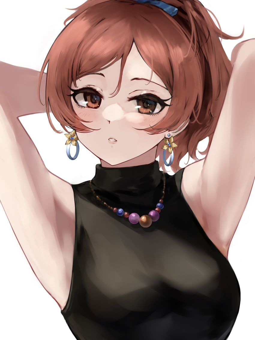 1girl :o absurdres armpits arms_up black_shirt blush breasts earrings highres idolmaster idolmaster_cinderella_girls jewelry komatsu_ibuki lamp_p9 looking_at_viewer medium_breasts necklace ponytail shirt simple_background sleeveless sleeveless_shirt solo upper_body white_background