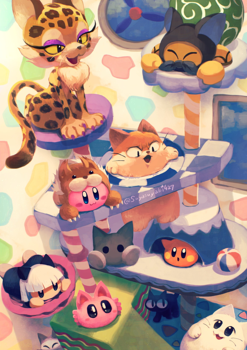 :3 :o animal_costume artist_name ball blue_eyes blush blush_stickers cat cat_tower character_request clawroline claws closed_eyes closed_mouth copy_ability dog_costume full_body highres indoors keke_(kirby) kirby kirby's_dream_land kirby's_dream_land_3 kirby_(series) kirby_64 kirby_and_the_forgotten_land leopard n-z nago_(kirby) no_humans open_mouth scarfy shiro_(kirby) sitting smile suyasuyabi twitter_username whiskers_(kirby) window yellow_eyes