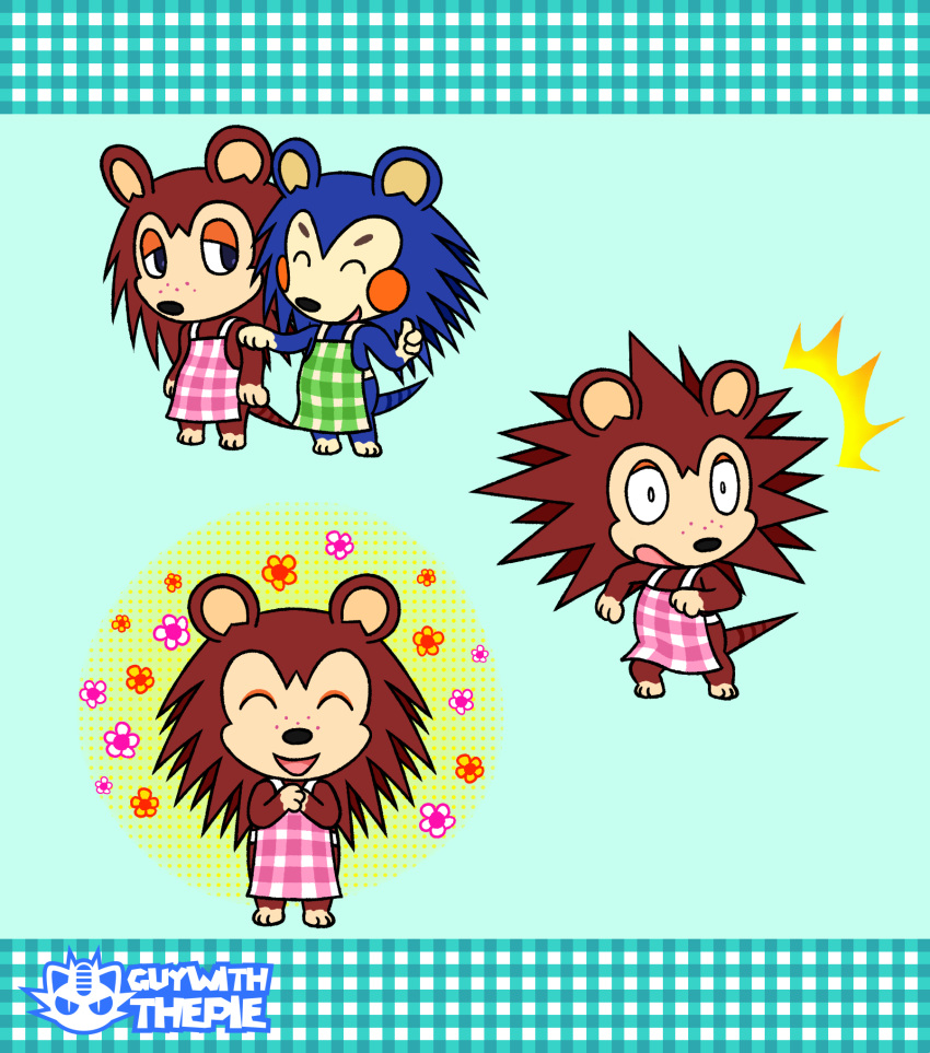 2018 animal_crossing anthro apron apron_only blue_body brown_body clothing duo eulipotyphlan eyes_closed female green_background guywiththepie hedgehog hi_res lidded_eyes mabel_able mammal mostly_nude nintendo open_mouth sable_able shocked sibling simple_background sister sisters smile standing video_games