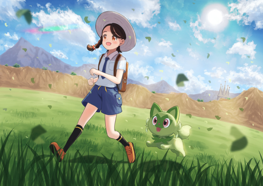 1girl asama_fumi backpack bag black_socks braid brown_bag brown_eyes brown_footwear brown_hair cloud collared_shirt commentary_request day eyelashes falling_leaves field grass grey_headwear hat highres juliana_(pokemon) leaf necktie open_mouth outdoors pokemon pokemon_(creature) pokemon_(game) pokemon_sv shirt shoes shorts sky smile socks sprigatito standing sun