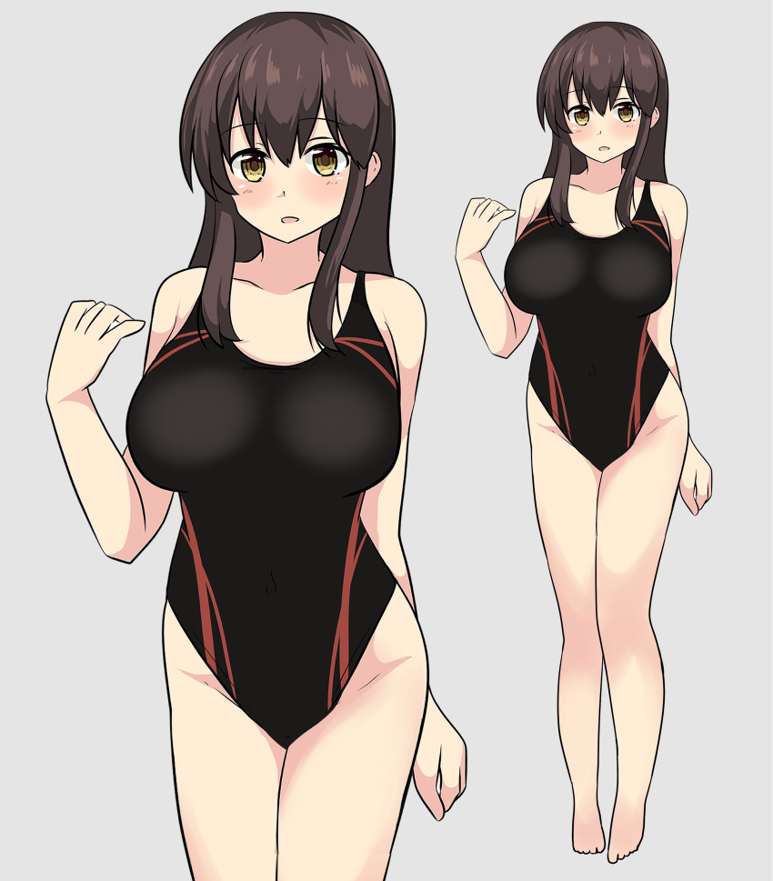 1girl absurdres akagi_(kancolle) bare_legs barefoot black_one-piece_swimsuit breasts brown_eyes brown_hair collarbone competition_swimsuit full_body grey_background hair_between_eyes highres kantai_collection large_breasts long_hair noruren one-piece_swimsuit open_mouth simple_background swimsuit zoom_layer