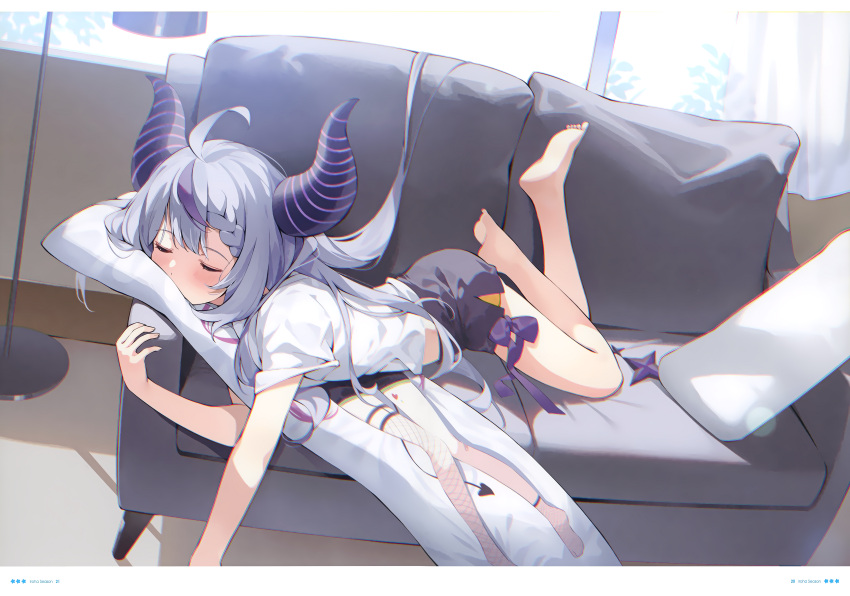 1girl absurdres ahoge bangs barefoot blush bow braid closed_mouth couch curtains dakimakura_(object) day demon_girl demon_horns demon_tail fingernails hana_mori highres hololive horns indoors la+_darknesss long_hair lying multicolored_hair object_hug on_stomach pillow pillow_hug purple_hair scan shirt short_sleeves shorts simple_background sleeping solo t-shirt tail the_pose toes tokoyami_towa two-tone_hair virtual_youtuber window