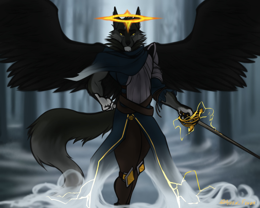 angel armor ayden_feuer canid canine canis clothing detailed_background feathered_wings feathers fog hi_res mammal melee_weapon rapier smol_aberration sparks sword torn_clothing weapon wings wolf