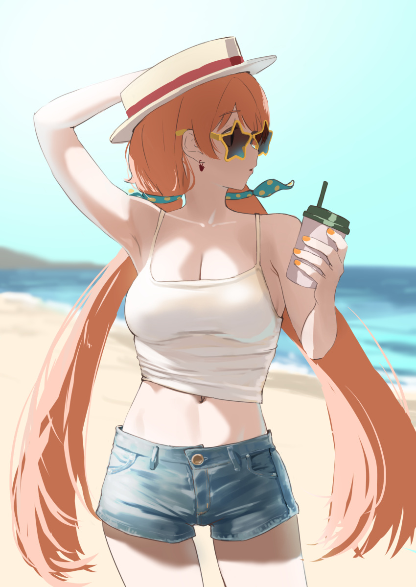 .live 1girl absurdres bare_shoulders beach blush breasts brown_hair cup denim denim_shorts earrings hair_ornament hair_ribbon hat highres holding holding_cup jewelry large_breasts long_hair looking_to_the_side low_twintails nanahoshi_milily navel ocean orange_nails ribbon shirt short_shorts shorts solo star-shaped_eyewear sun_hat sunglasses tama_(tamago) twintails virtual_youtuber white_shirt