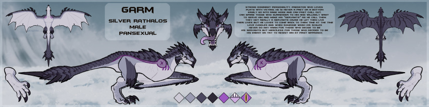 absurd_res ambiguous_gender artist_name biped black_claws capcom claws color_swatch dragon english_text fangs feral flying_wyvern grey_body grey_scales hi_res kardinaluz long_image male_(lore) membrane_(anatomy) membranous_wings model_sheet monster_hunter purple_sclera purple_tongue rath_wyvern rathalos scales shadowwolfhunter side_view solo spread_wings text tongue tongue_out video_games white_body white_wings wide_image wings yellow_eyes