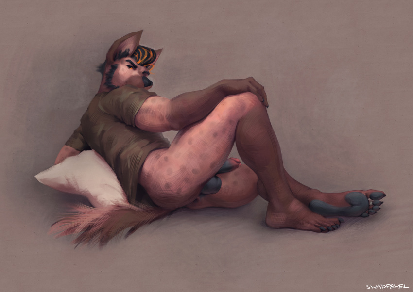 absurd_res anthro anus arm_on_knee athletic balls beard bed black_balls black_penis butt canid canine canis claws clothing digit_ring domestic_dog facial_hair feet foot_fetish furniture genitals grumpy hi_res hindpaw humanoid_feet humanoid_genitalia hyaenid hybrid jewelry looking_at_viewer looking_back lying lying_on_ground male mammal manly muscular on_side pawpads paws penis pillow pinup plantigrade pose rear_view ring shirt solo solo_focus swad_parcey swadpewel t-shirt toe_claws toe_ring toes topwear wolf