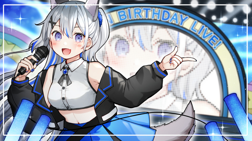 1girl :d animal_ears bangs bare_shoulders black_jacket blue_hair blue_nails blue_skirt blush collared_shirt commentary_request crop_top cropped_jacket dress_shirt fang grey_hair hair_between_eyes hair_ornament holding holding_microphone indie_virtual_youtuber inuzuki_ren jacket kurata_rine long_hair long_sleeves looking_at_viewer microphone midriff multicolored_hair nail_polish navel open_clothes open_jacket pleated_skirt ponytail puffy_long_sleeves puffy_sleeves purple_eyes shirt skirt sleeveless sleeveless_shirt smile solo streaked_hair tail very_long_hair virtual_youtuber white_shirt x_hair_ornament zoom_layer