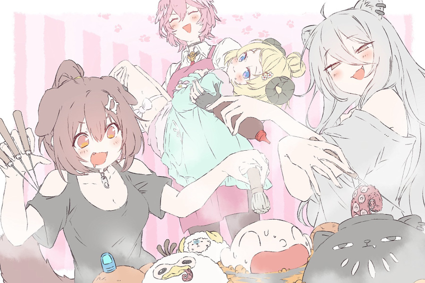 4girls :d animal_ears black_shirt blonde_hair blush breasts brown_hair carrying cleavage clothing_cutout cooking dog_ears dog_girl drooling fang fangs grey_hair hashiguma head_wings highres hololive horns inugami_korone lion_ears lion_girl listener_(inugami_korone) long_hair mouth_drool multiple_girls official_alternate_hairstyle open_mouth pink_hair princess_carry sheep_girl sheep_horns shirt shishiro_botan short_hair shoulder_cutout smile ssrb t-shirt takane_lui takoyaki_pan tsunomaki_watame watamate yubi_yubi_(inugami_korone)