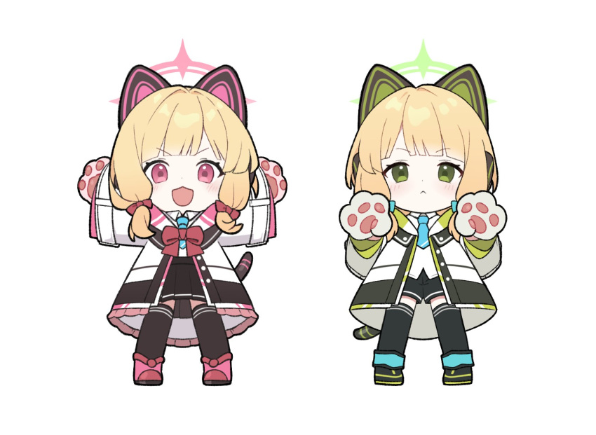 2girls :&lt; :3 animal_hands arms_up bangs black_footwear black_shorts black_skirt black_thighhighs blonde_hair blue_archive blue_necktie bow bowtie cat_ear_headphones cat_tail chibi coat commentary dot_nose frilled_coat full_body gloves green_eyes hair_bow halo hands_up headphones highres light_blush long_sleeves looking_at_viewer marimo_jh midori_(blue_archive) momoi_(blue_archive) multiple_girls necktie open_mouth oversized_clothes paw_gloves pink_eyes pink_footwear pleated_skirt red_bow red_bowtie serious shirt short_hair shorts siblings sisters skirt smile tail thighhighs v-shaped_eyebrows white_background white_coat white_shirt